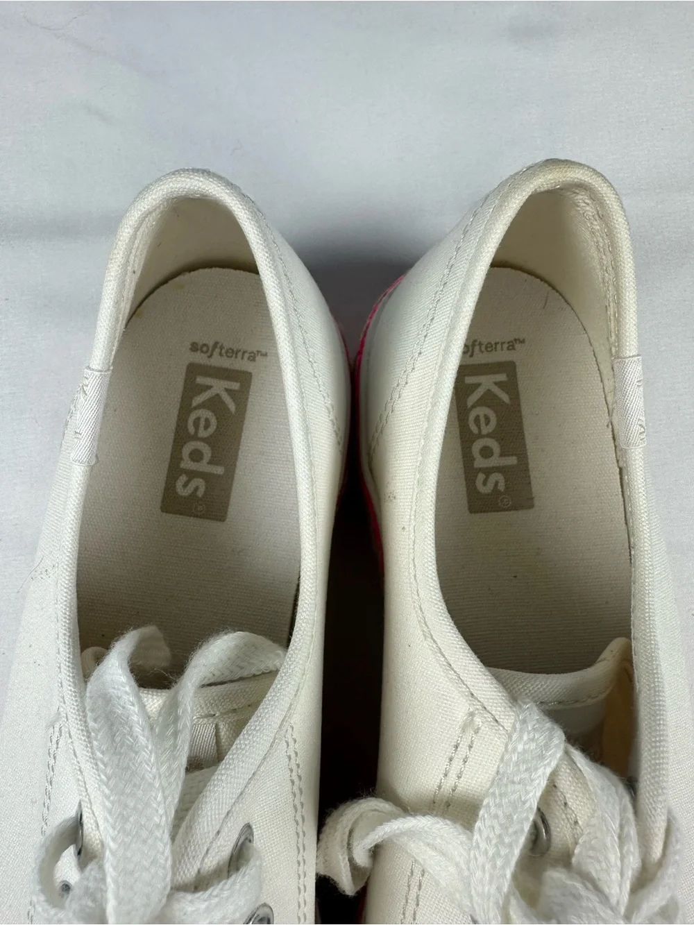 Keds Off-White Canvas Platform Sneakers with Neon Pink Trim